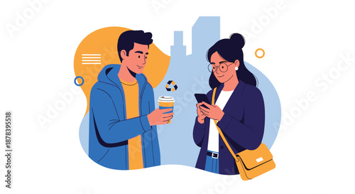 Modern illustration of a man with a coffee cup talking to a woman using her smartphone in a city environment with abstract backgrounds set.