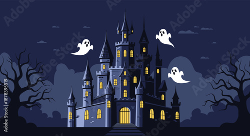 Spooky haunted castle with lit windows and tall towers surrounded by ghosts and dead trees under a dark night sky for halloween themes design.