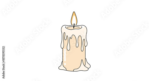 Single cream colored candle burning with a bright flame and dripping wax down its side against a minimalist white background for mood lights.