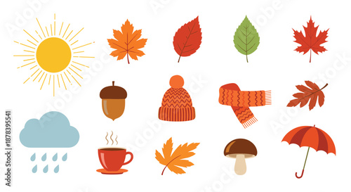 Extensive set of autumn icons including weather symbols and fall clothing and seasonal food like a pumpkin and mushroom and hot coffee cup.