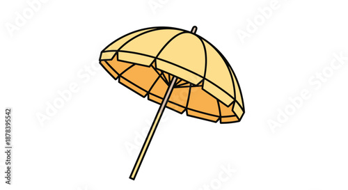 Large yellow beach umbrella standing at an angle against a white background representing summer holidays and protection from the sunshine.