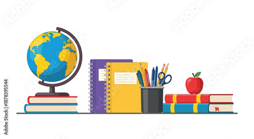Vibrant school stationery set featuring a globe and colorful notebooks plus a pencil holder and a red apple on books for learning concepts.