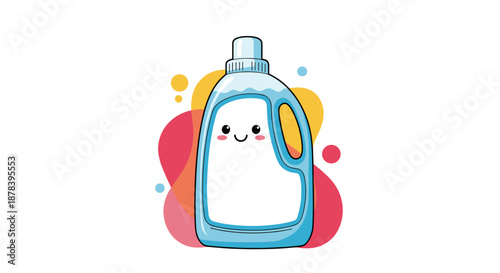 Friendly blue detergent bottle character with a cute smiling face and colorful bubbles in the background for cheerful cleaning concepts art.