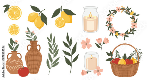 Warm home decor elements featuring lemons and scented candles and woven vases and a basket of apples for a cozy autumn atmosphere and theme.