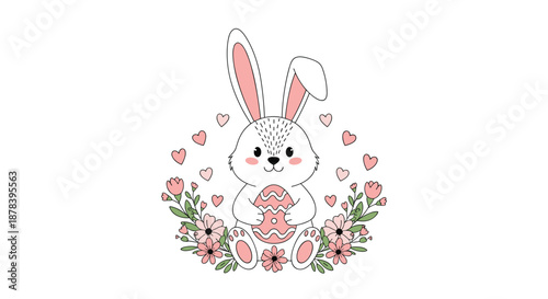 Cute white Easter bunny sitting among pink flowers and hearts and holding a decorated egg for a festive holiday greeting card design project.
