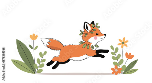 Energetic orange fox running through a field of flowers and greenery with a leaf wreath around its neck in a playful forest landscape scene.