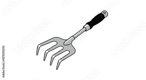 Three-dimensional style illustration of a metal hand rake gardening tool with a comfortable black handle, commonly used for yard work and soil.