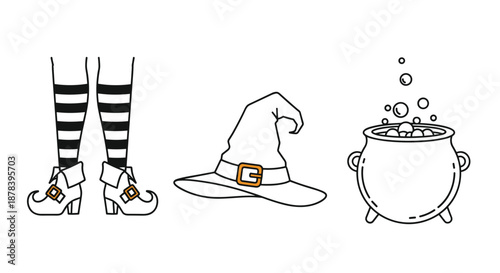 Hand-drawn witch essentials featuring striped stockings with buckled boots, a pointed hat, and a bubbling cauldron.