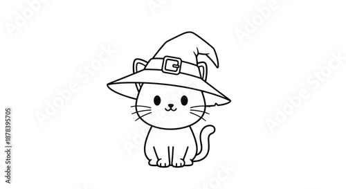 Cute hand-drawn illustration of a black and white cat wearing a large pointed witch hat with a buckle for Halloween theme.