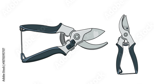 Professional garden pruners and pruning shears for horticulture and landscaping tasks shown in two different views on a plain background.
