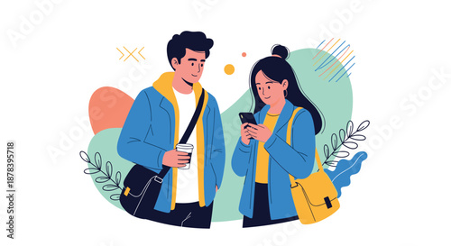 Young man and woman dressed in casual blue jackets interacting with each other while using a smartphone and holding a cup of coffee.