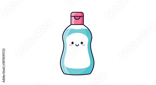 Cute cartoon illustration of a teal blue lotion bottle with a friendly smiling face and a pink cap isolated on a white background.