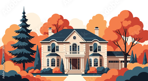 Magnificent residential mansion with a dark blue roof surrounded by dense and colorful autumn forests and pine trees under a soft sky.