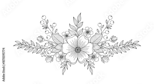 Fine line drawing of a symmetrical floral design with a central large flower and extending branches of smaller blossoms and berries.
