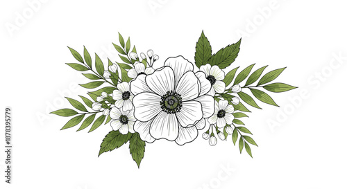 Lush botanical bouquet featuring white flowers with dark centers surrounded by vibrant green leaves and delicate buds in a balanced design.