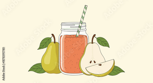 Healthy food illustration featuring a glass jar of orange-colored pear smoothie with a straw surrounded by fresh green and sliced pears.