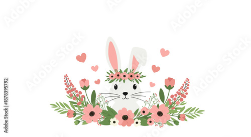 Sweet white rabbit character wearing a crown of pink flowers and surrounded by a floral arrangement and floating hearts.