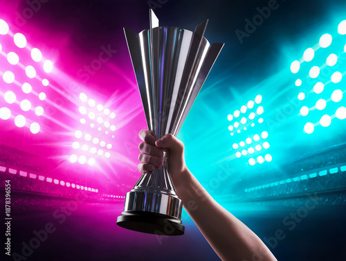 Hand holding a silver champion trophy high against a dark stadium background with vibrant pink and cyan neon spotlights, symbolizing victory, professional achievement, and esports success.