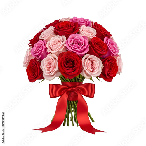 Elegant Bouquet of Red and Pink Roses with Ribbon