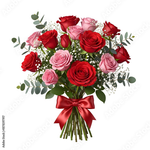 Elegant Bouquet of Red and Pink Roses with Green Foliage
