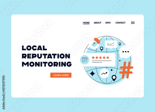 Local reputation monitoring landing page illustration, tracks reviews, ratings and mentions in real time, helping businesses manage feedback, improve trust and respond fast through analytics dashboard
