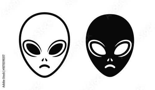 Black and white alien face icons in simple line art style