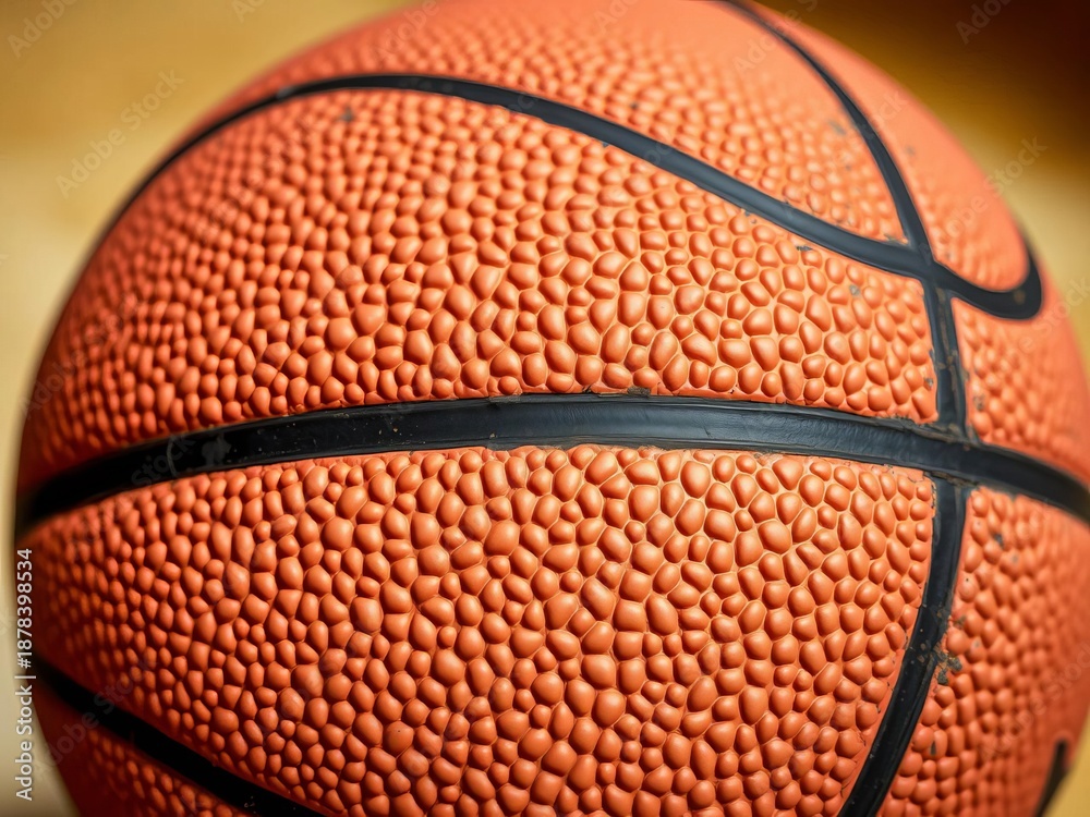 Fototapeta premium Close up of a worn basketball with distinct seams and pebbled surface, ready for action, indoor, detail