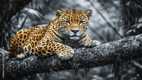 Colorful leopard resting on a tree branch against a black and white jungle background.