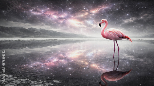 Dreamlike scene of a flamingo in a celestial desert with galaxy reflections on calm water.
