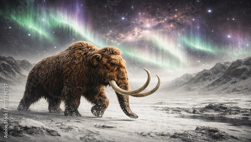 Prehistoric mammoth in an icy landscape illuminated by aurora borealis and the Milky Way.