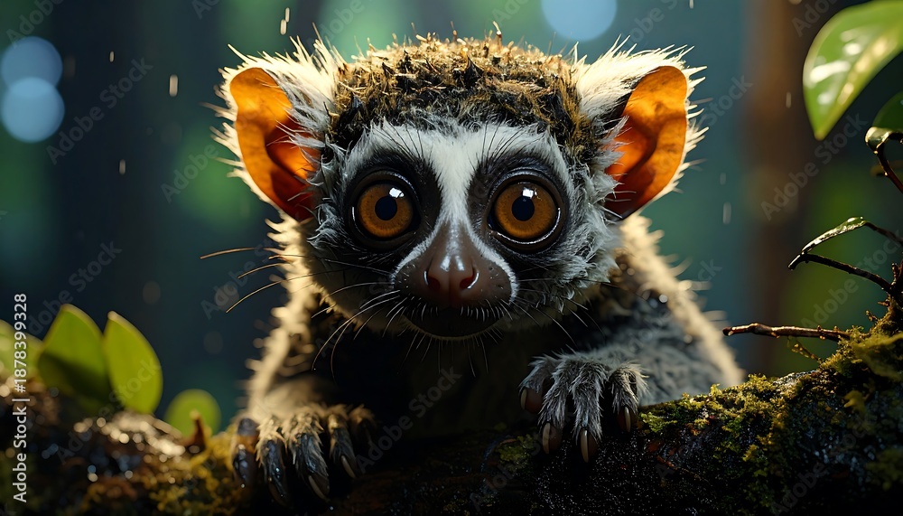 Fototapeta premium Close-up of a small, wide-eyed animal with large, orange-lined ears, perched on a mossy branch amidst lush, green foliage