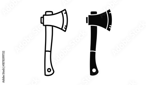 Two black and white line art illustrations of axes with handles