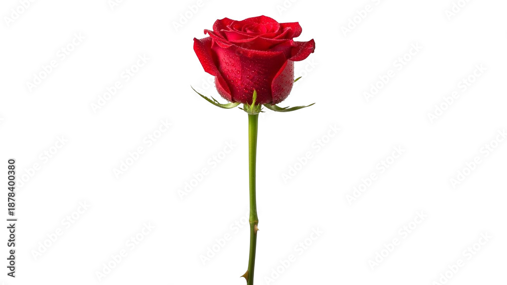 Obraz premium Single red rose with water droplets on white background romantic floral symbol for valentline love beauty branding and elegant editorial visuals png