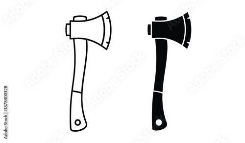 Two black and white line art illustrations of axes with handles