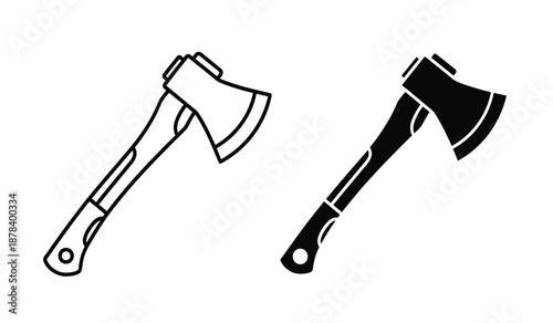 Two black and white illustrations of axes with different handles and blades on a pure