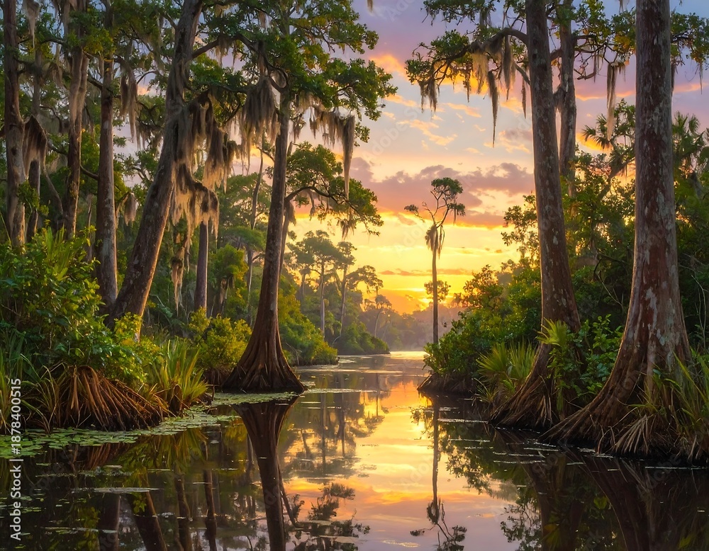 Obraz premium Serene sunset at the swamp river with reflective water and cypress trees