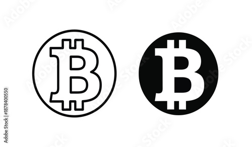Two bitcoin logos in black and white on a pure for cryptocurrency and finance concepts
