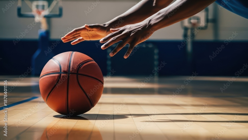 Naklejka premium A basketball on a court with hands reaching to touch the ball