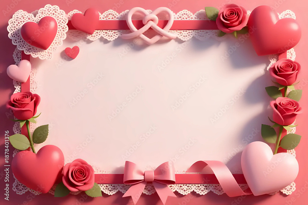 Fototapeta premium Valentine's Day Background Photo Love Frame Hearts Roses and Romantic Border 3D Valentines Elements Love Festive Season Vector Illustration February Presentation or Printed Programme In Love Design 27