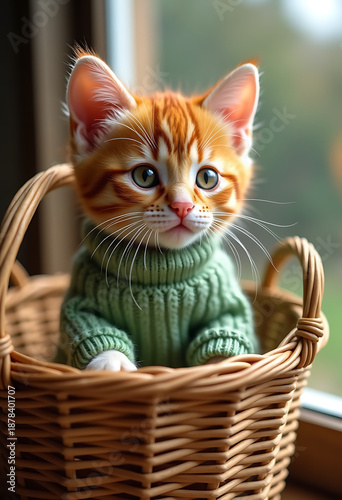 ginger kitten wearing a sage green sweater in a wicker basket, rustic porch background, high quality pet portrait