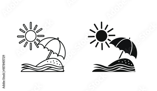 Black and white beach icons with umbrellas and suns on waves