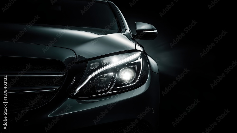 Obraz premium Close-up of modern car headlight glowing in a dark studio, emphasizing design and technology.