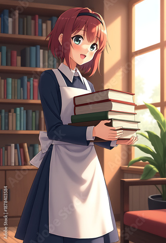 anime girl librarian with books, navy dress and white apron, sun drenched library interior, cinematic lighting