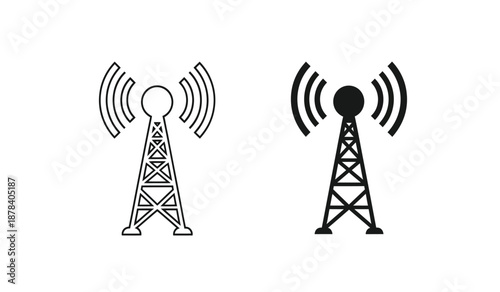 Two radio tower icons with signal waves on for communication and technology concepts