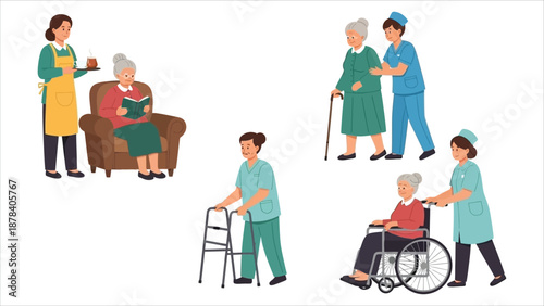 Senior Care Cartoon Vector Grandmother Reading, Grandfather Walking with Stick, Nurse Assisting with Wheelchair.