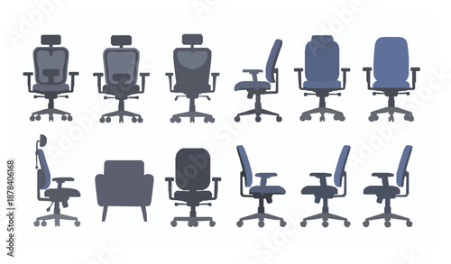 Office and Home Desk Chair Views Flat Vector Furniture Set Isolated