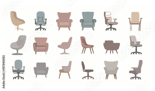 Flat Vector Armchair and Desk Chair Angle Views Furniture Collection
