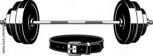Black and white barbell with weight plates and lifting belt vector illustration for fitness strength training gym concept design
