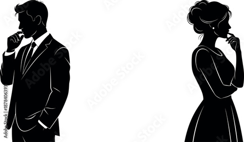 Contemplative silhouette pair, man and woman thinking pose, black vector illustration for reflection concept - flavector