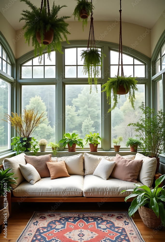 Fototapeta premium bohemian style sunroom interior, cream floor sofa, macrame fern planters, arched windows with sunlight, 8k